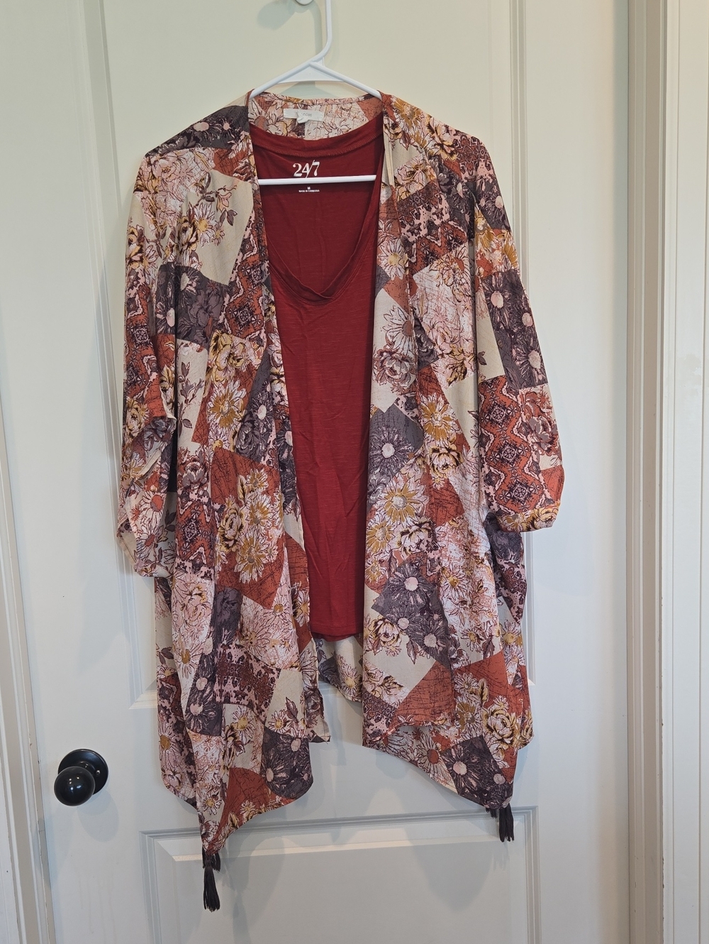 Maurices Patchwork Floral Open Cardigan in Rust Cream & Brown and 24/7 Tank